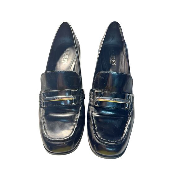 Ralph Lauren Black Leather Chunky Block Heel Loafers 9B Preppy Chic 90s Office - Picture 3 of 12